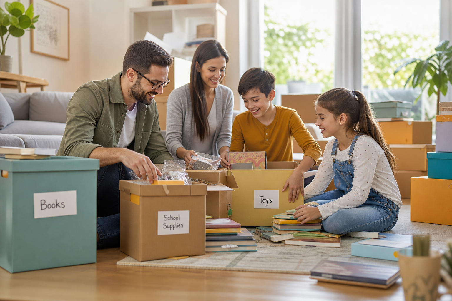 Families and students with storage boxes