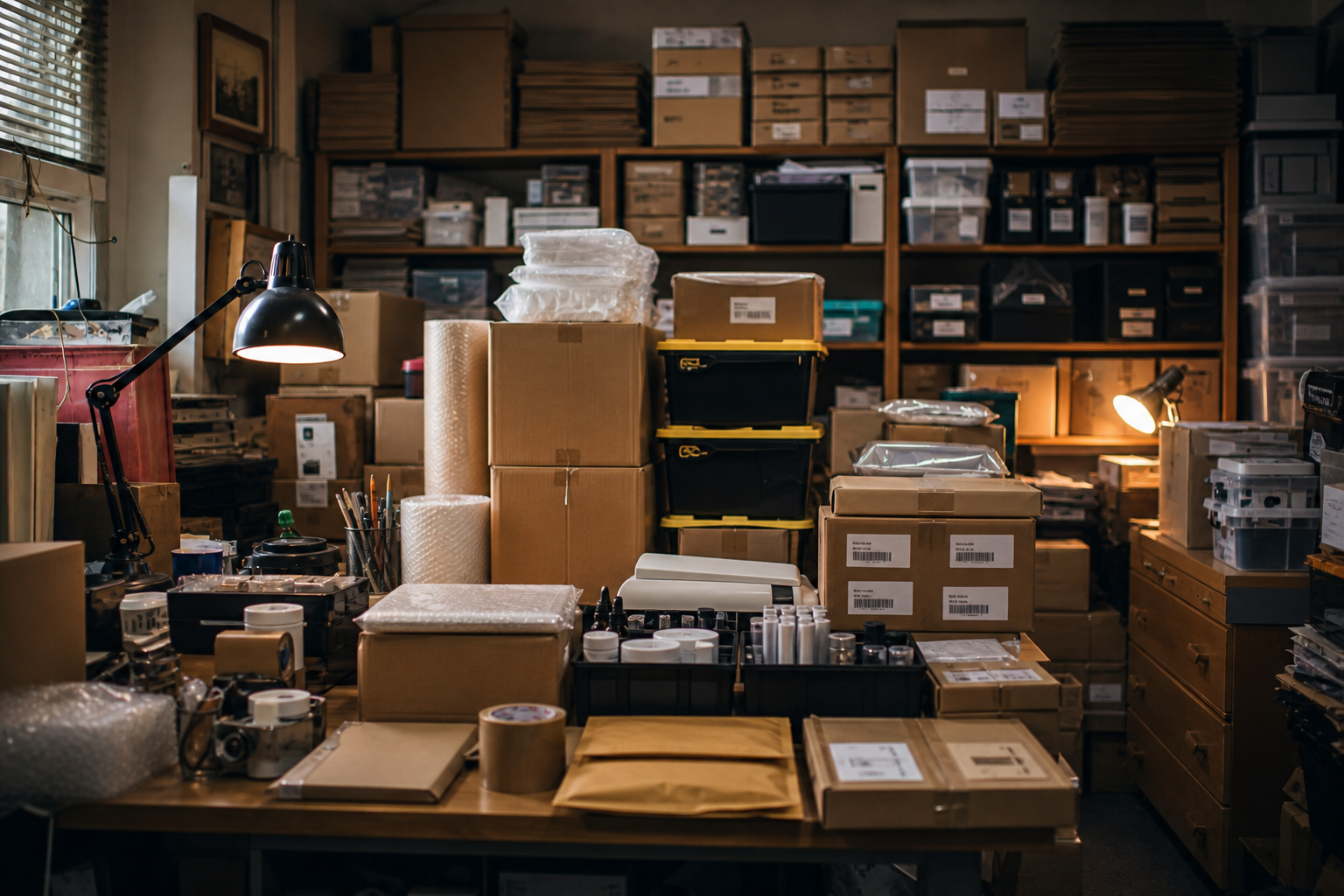 Modern office stuffed with boxes meant for storage