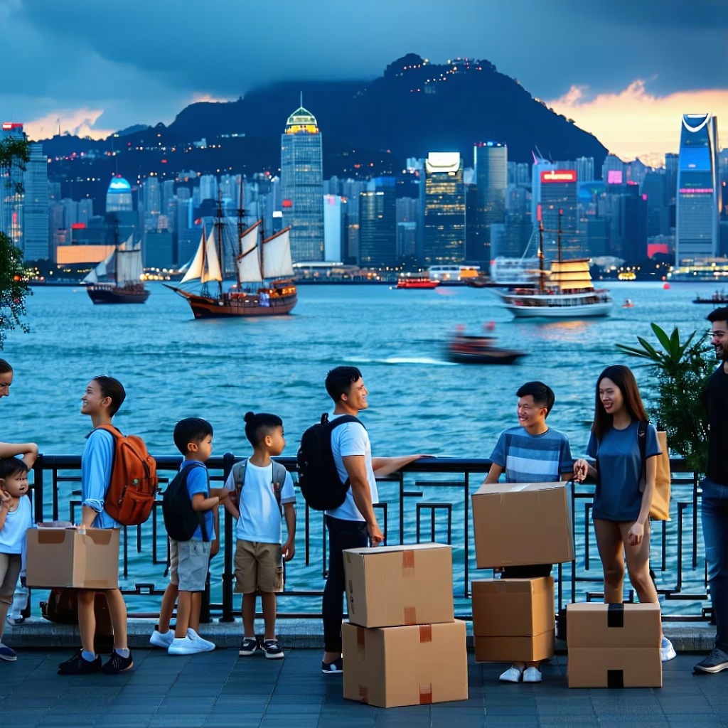 Families with boxes gathered at Victoria Harbour Hong Kong