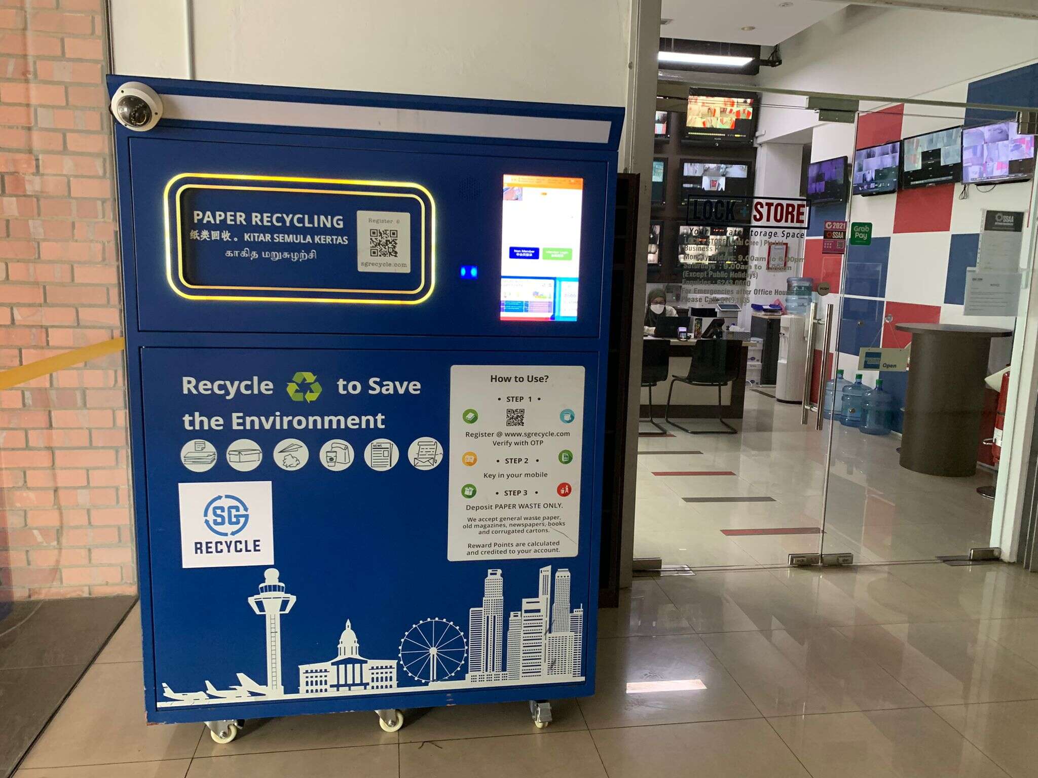 SGRecycle paper waste station at Lock+Store Chai Chee
